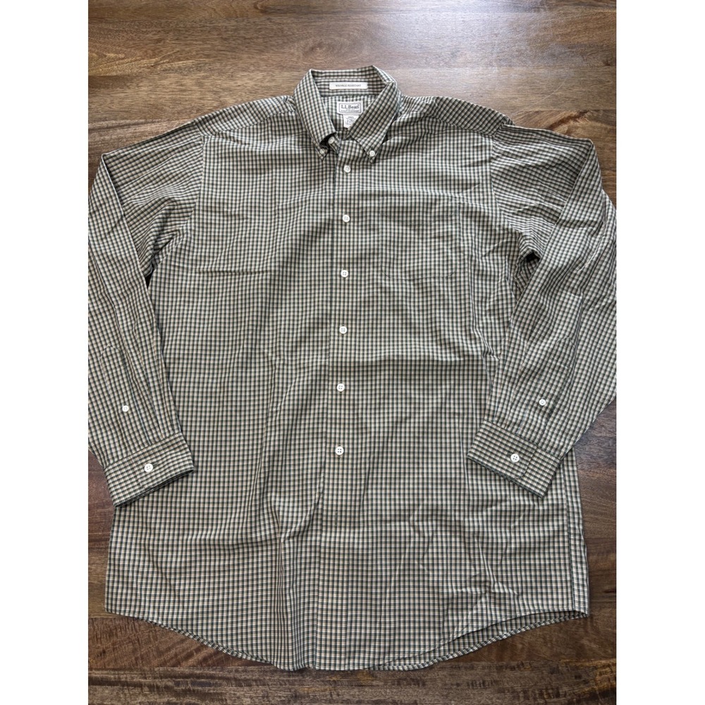 LL Bean Mens Shirt Large Tall Green Tan Check Wrinkle Resistant Cotton Top